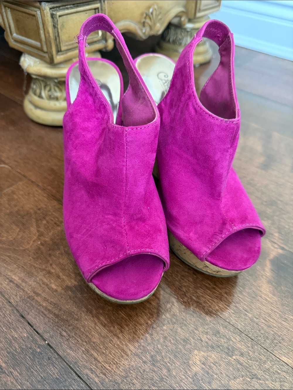 Carlos by Carlos Santana Bright Fuchsia Suede Peep-Toe Wedge Sandals
